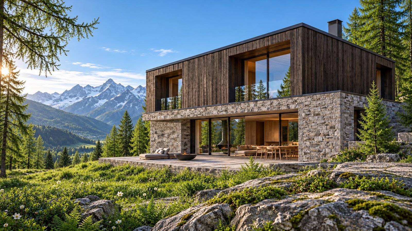 Maison contemporaine en pierre et mélèze dans un paysage alpin