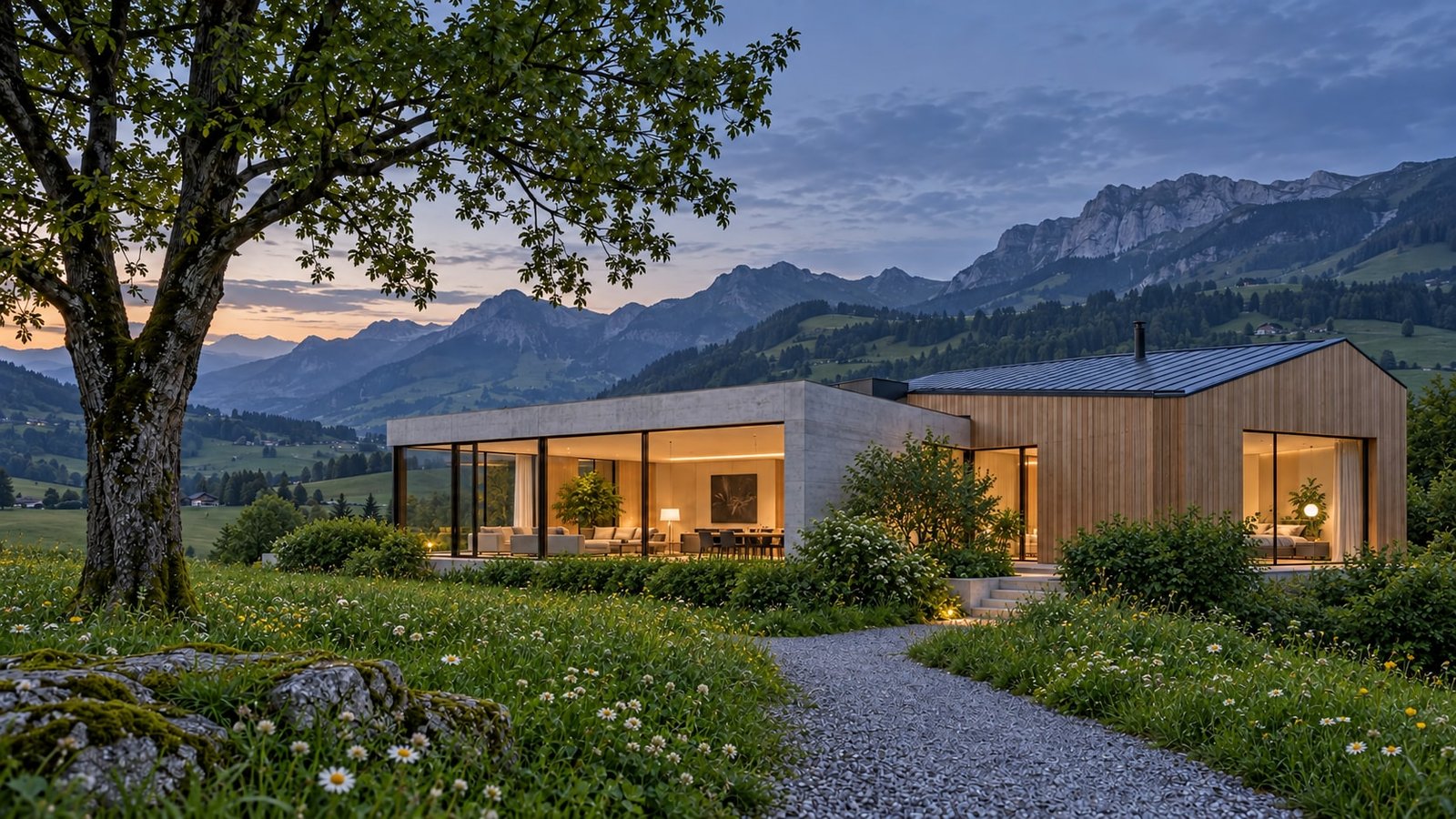 Villa de bois et béton dans le paysage des Préalpes