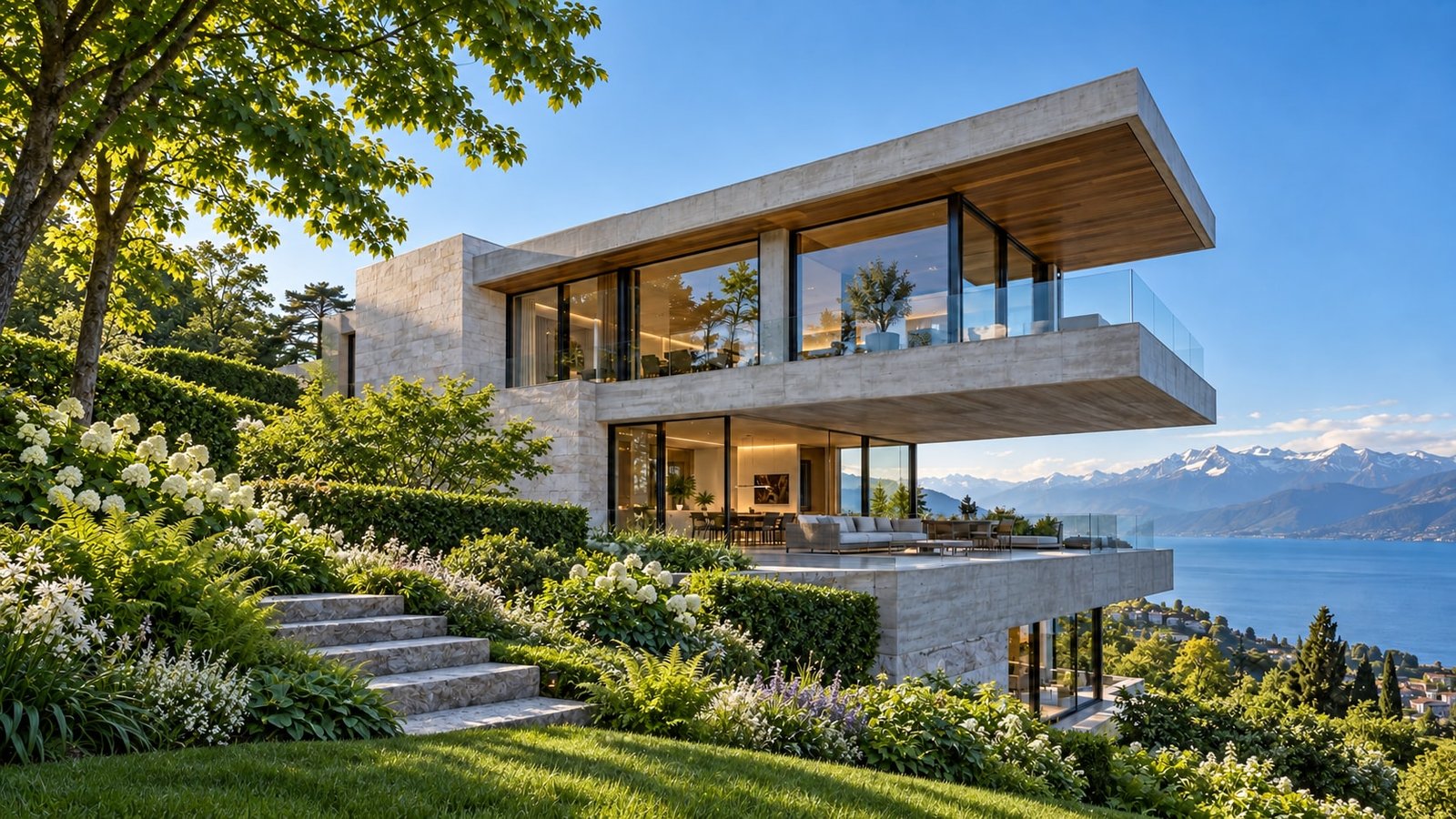 Villa contemporaine en pierre et béton au-dessus du lac Léman